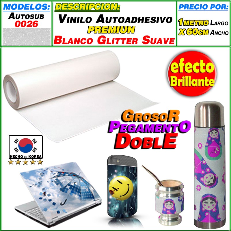 AUTOSUB0026, Vinilo Autoadhesivo Blanco Sublimable Glitter Suave de 60cm de Ancho - Imagen 2