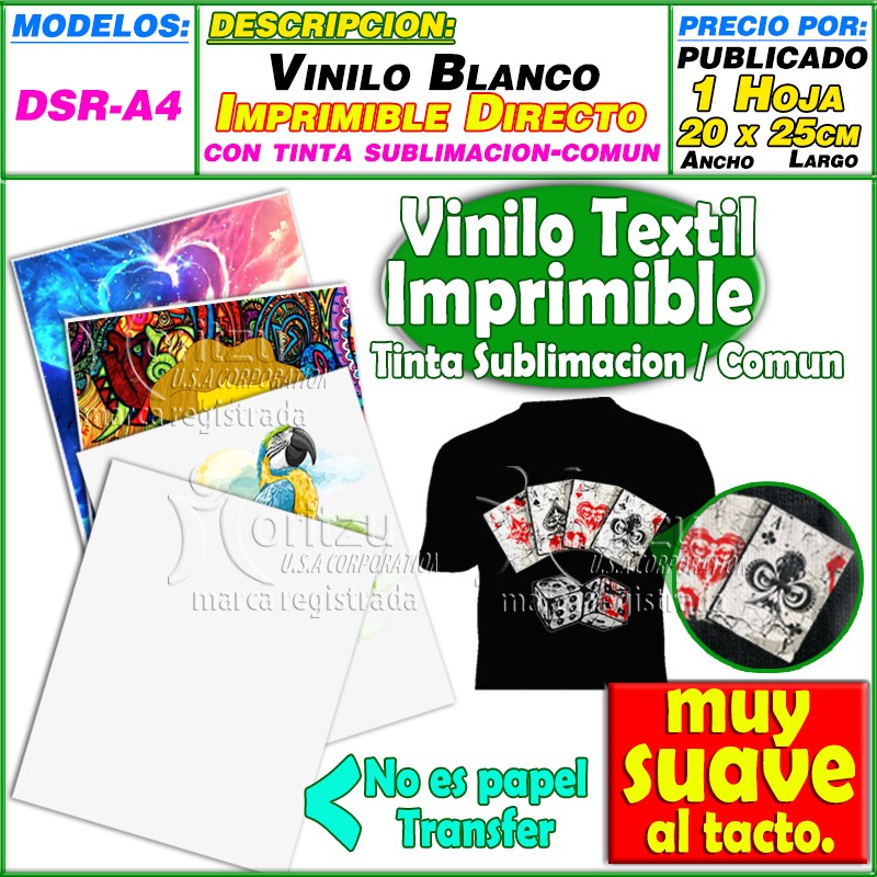 DSRA4, Vinilo Textil de Impresion Directa Directa con Tinta de Sublimacion/Comun 20x25cm - Imagen 2
